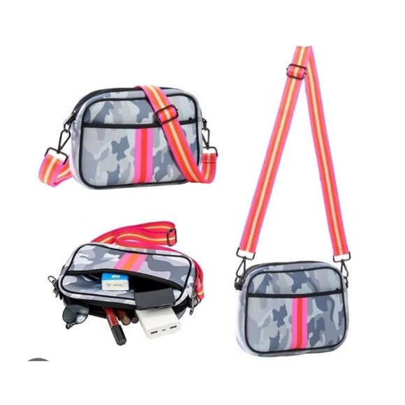 Haute Shore Drew Rise Compact Neoprene Crossbody Bag White Grey Camo - Picture 1 of 12
